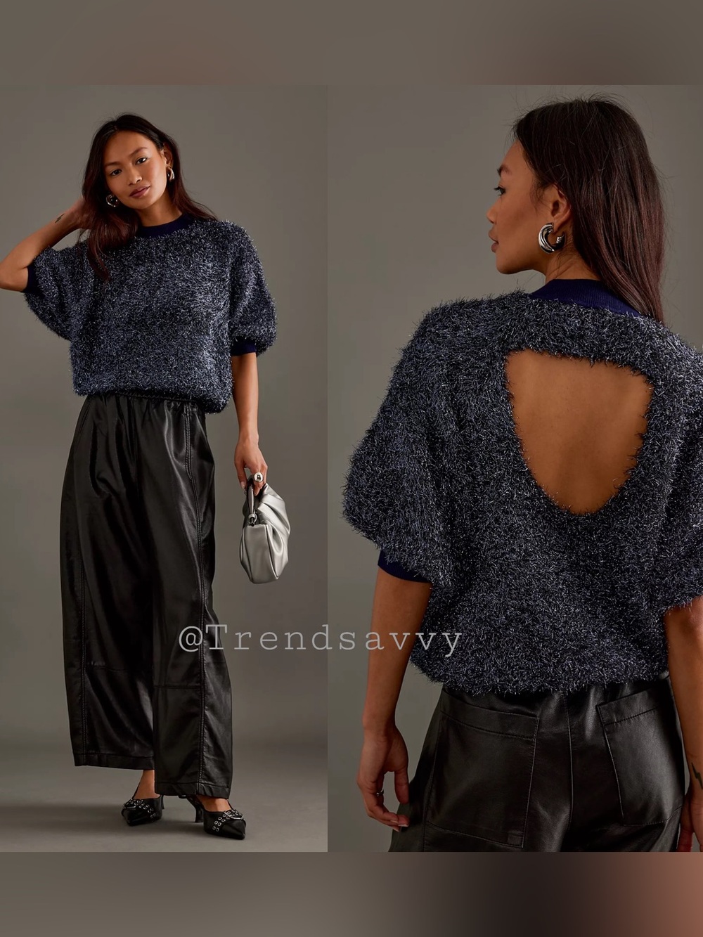 Anthropologie Maeve Violetta Blue Tinsel Open Back Sweater Holiday Party Top XXS